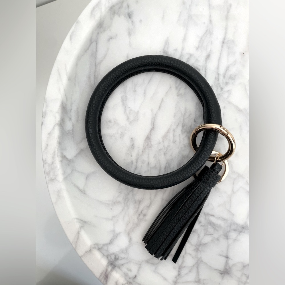 Key Ring Bracelet | Black Leather with Removable Fringe